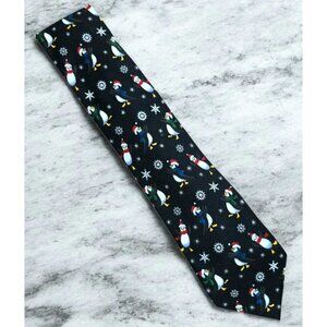 Christmas Penguin Neck Tie Whimsical Santa Hat Snowflakes Black Novelty Holiday